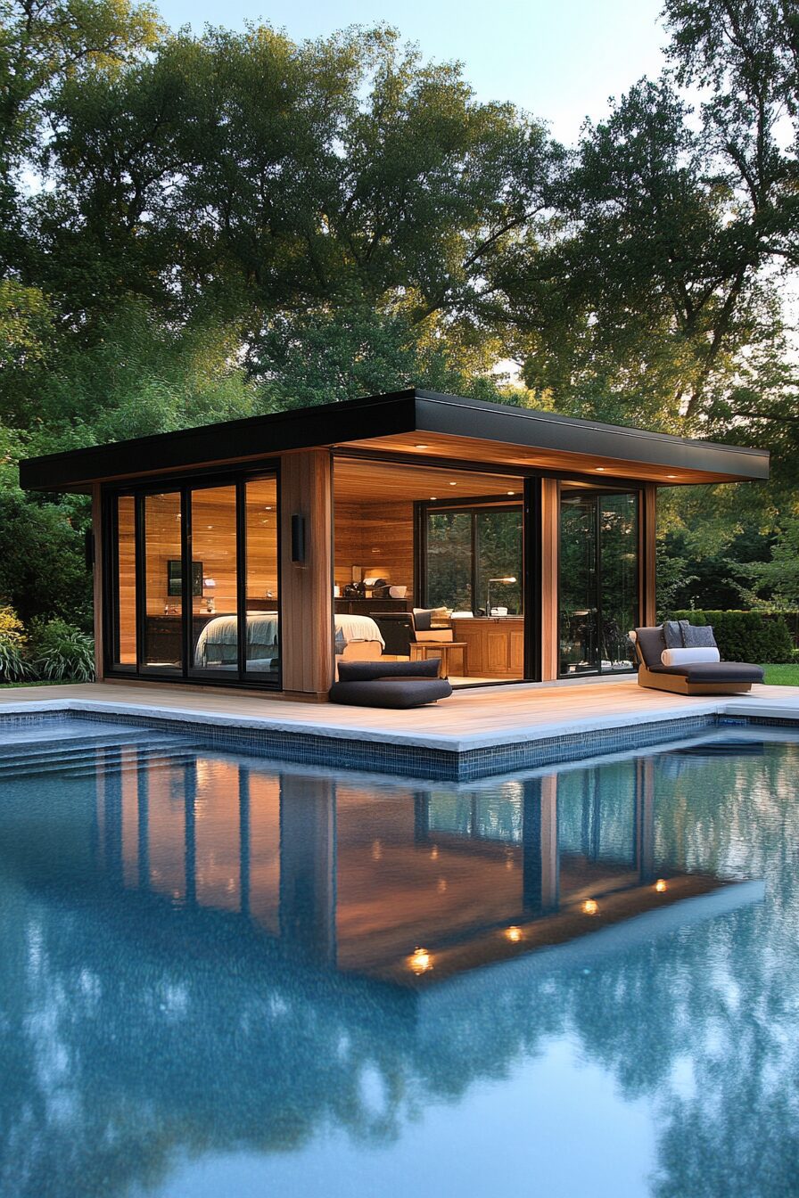 Pool house. Teak wood changing cabana, indoor-outdoor shower, covered lounge, panoramic glass walls facing pool.