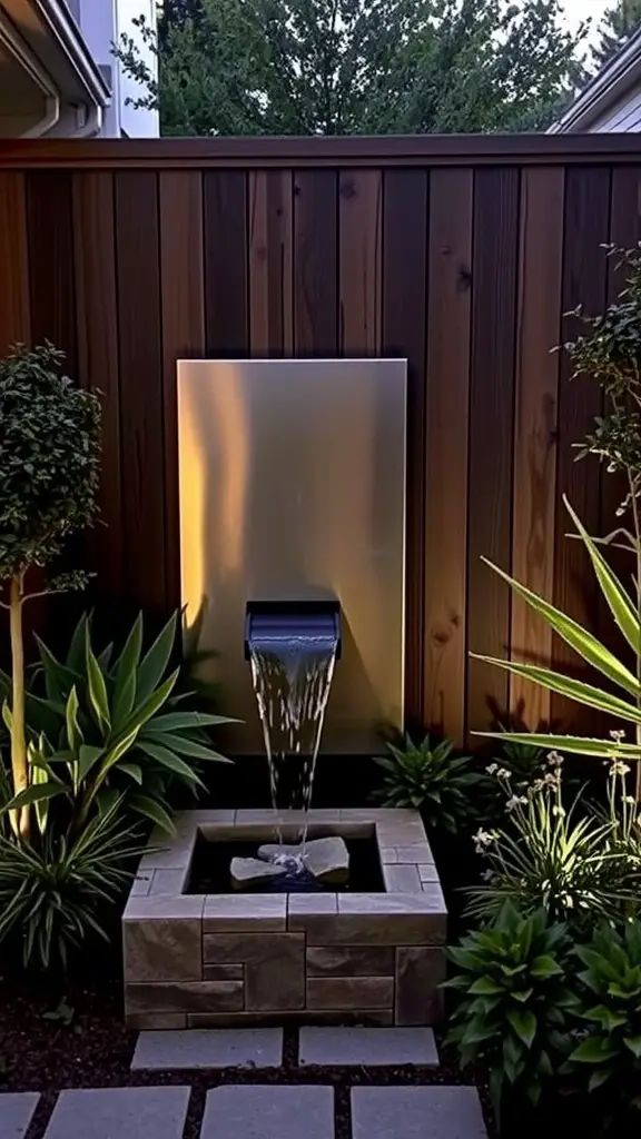 A modern backyard featuring a wooden privacy fence with a water feature flowing into a small pool, surrounded by plants and stone tiles.