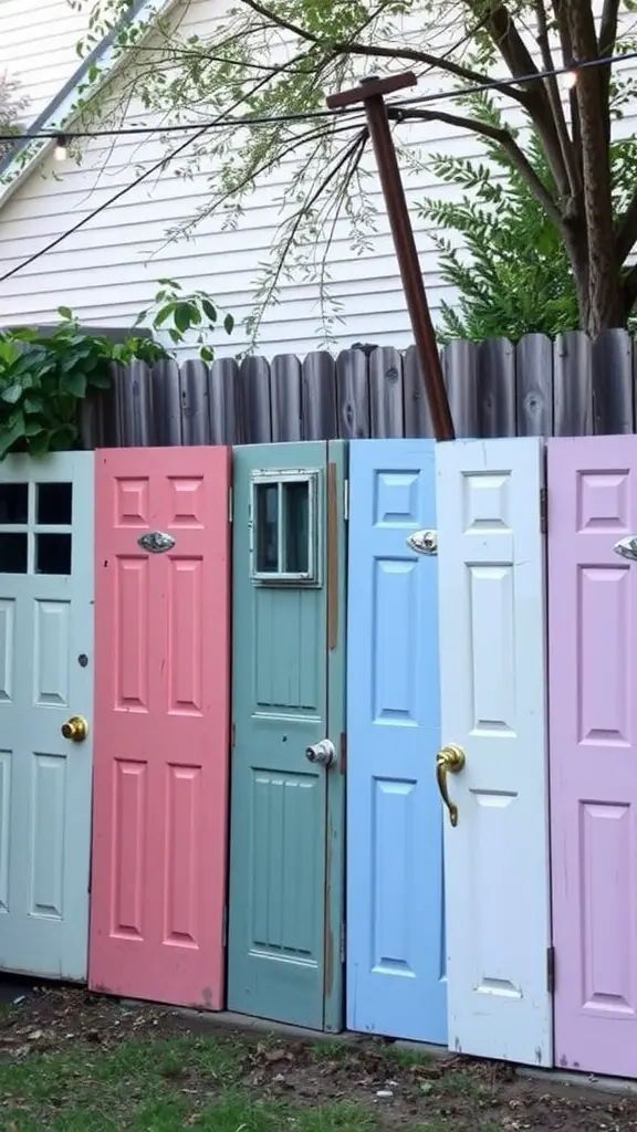 A colorful privacy fence made from recycled doors in a backyard setting.