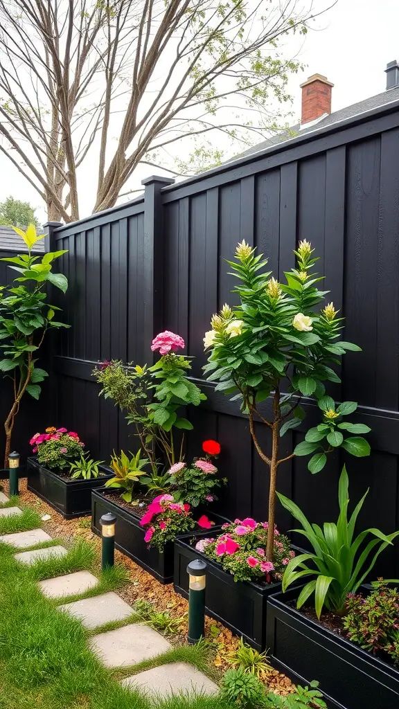 A black privacy fence with built-in planter boxes filled with colorful flowers and greenery.