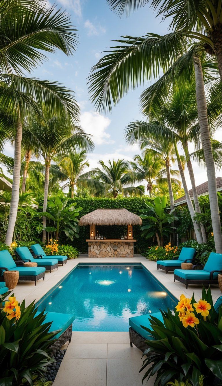 A lush backyard oasis with palm trees, tropical flowers, and a sparkling pool surrounded by lounge chairs and a tiki bar