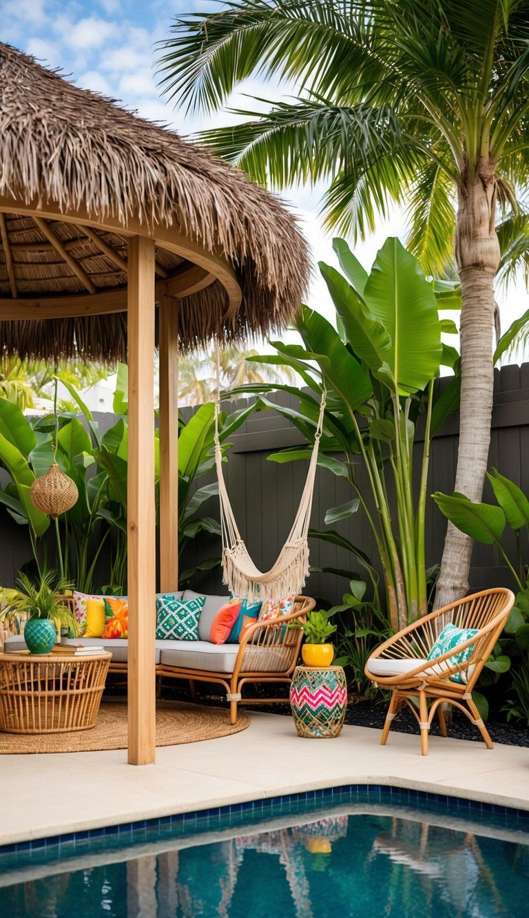 A backyard oasis with tropical plants, rattan furniture, and colorful decor. A hammock hangs between palm trees, and a thatched roof cabana provides shade