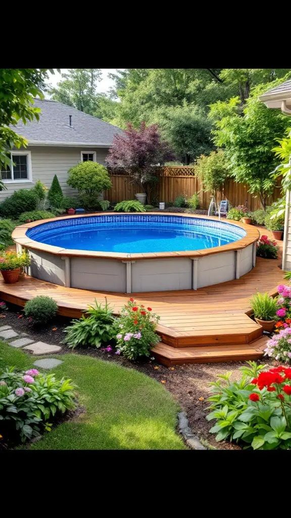 Above ground pool surrounded by wooden deck and colorful flowers in a backyard setting.