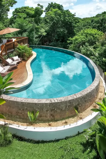 of a high-quality above-ground infinity edge pool with water flowing over the edge