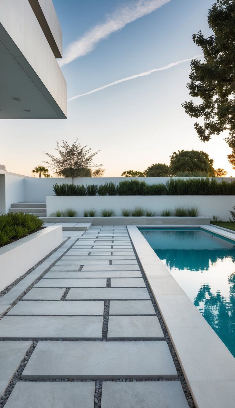 Large pavers form a sleek path through a minimalist pool landscape, accented with clean lines and modern design elements
