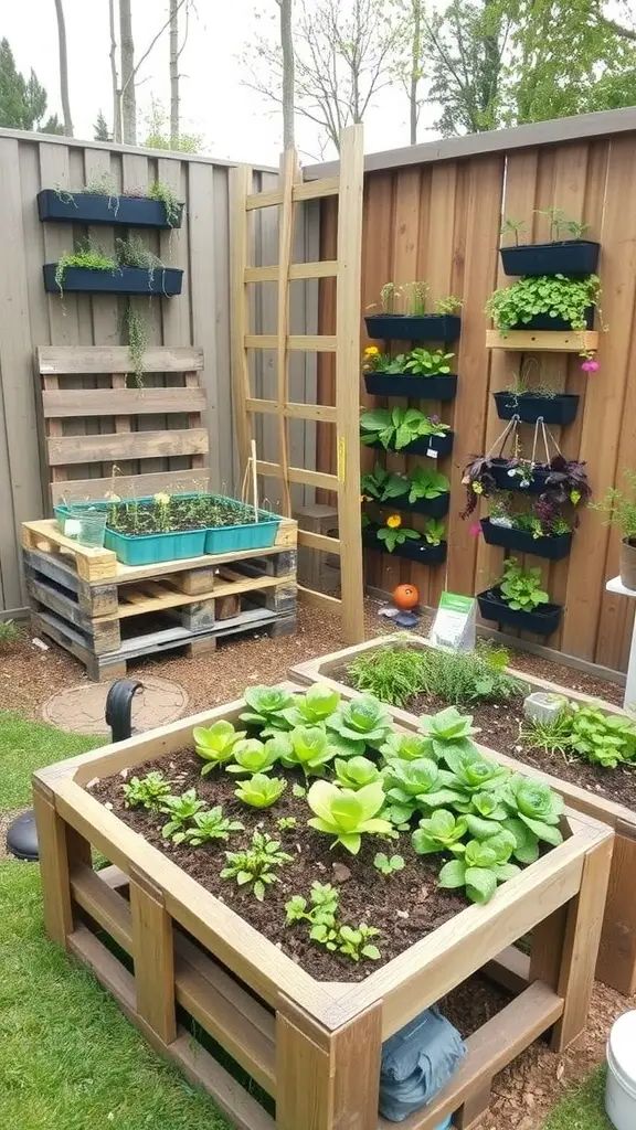 A small garden featuring a pallet structure with various plants growing in pots and a raised bed filled with lettuce.