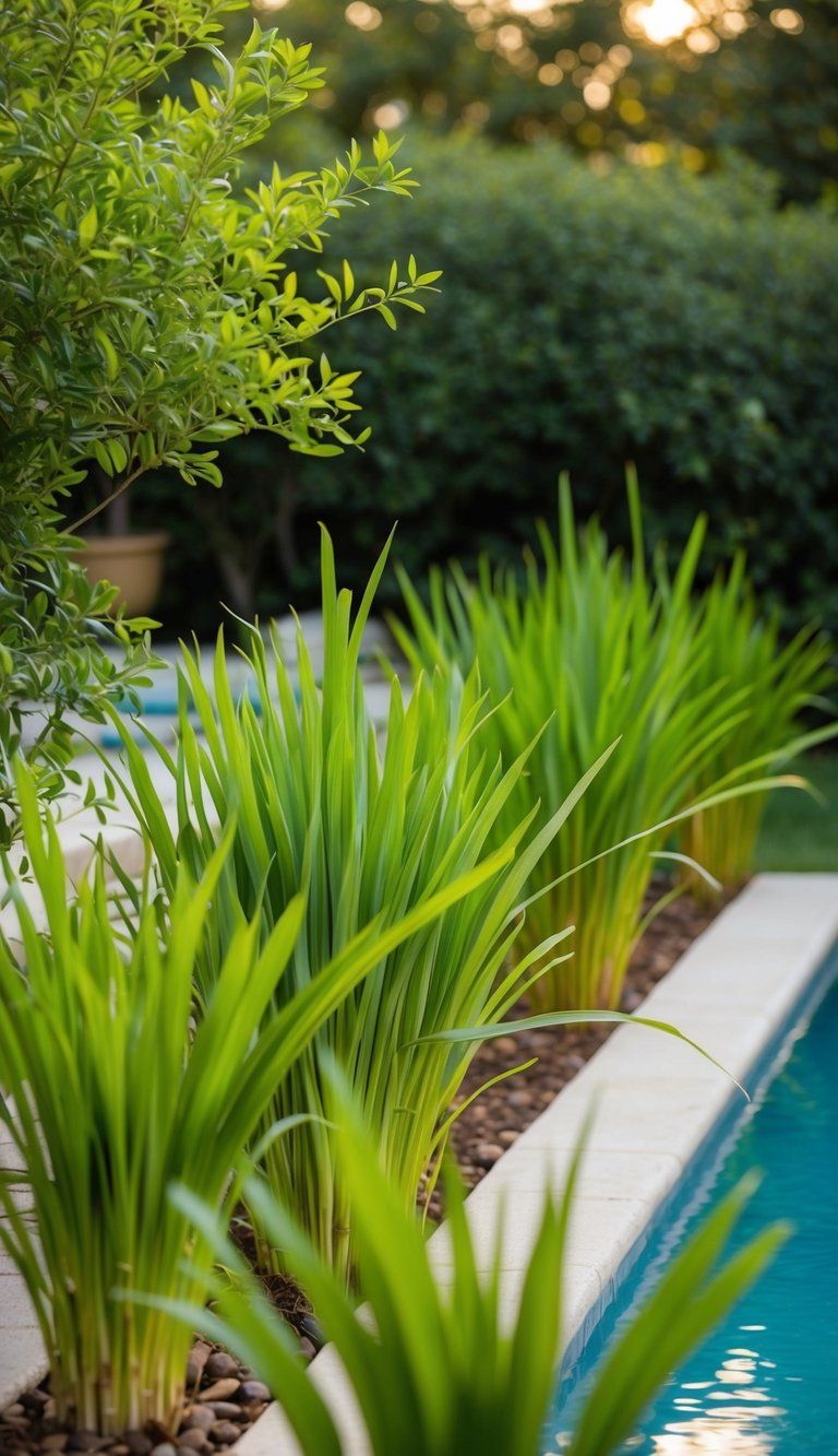 Lemongrass plants create a lush, fragrant barrier around a serene pool, adding a natural touch to the landscape design