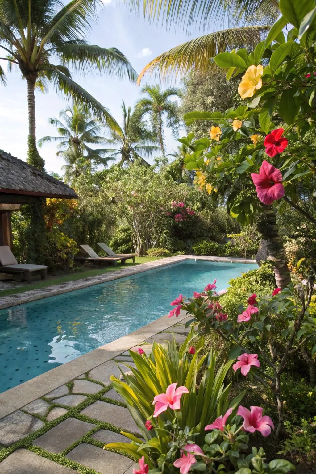 Tropical plants create a vibrant and exotic poolside atmosphere.