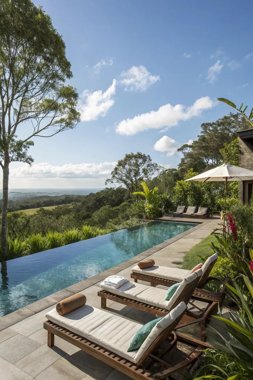 Integrated seating areas make poolside lounging a dream.