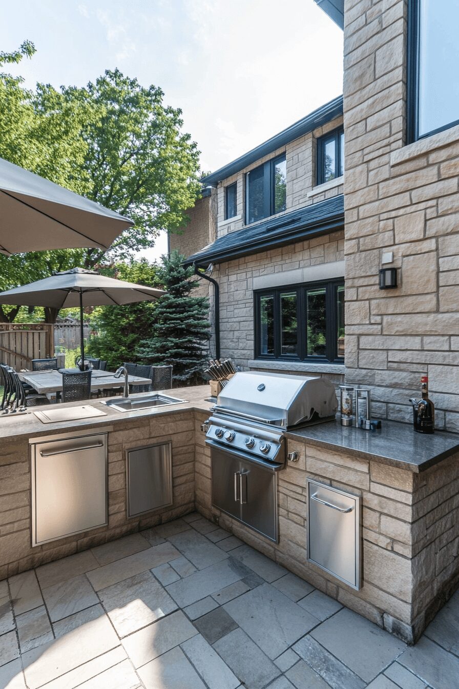 An L-shaped outdoor kitchen with a built-in grill, sink, and prep station, set against a stone wall with a dining table nearby, creating an efficient flow between cooking and dining areas.