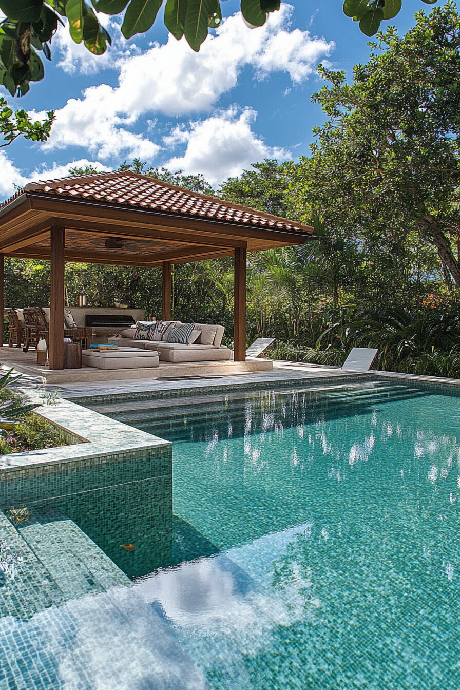 Luxurious pool house. Marble floor, glass indoor-outdoor shower, wooden cabana, cushioned lounge, scenic pool landscape.