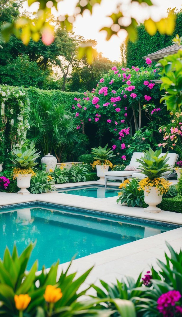 A lush backyard oasis with a pool surrounded by vibrant flowers, lush greenery, and elegant landscaping features