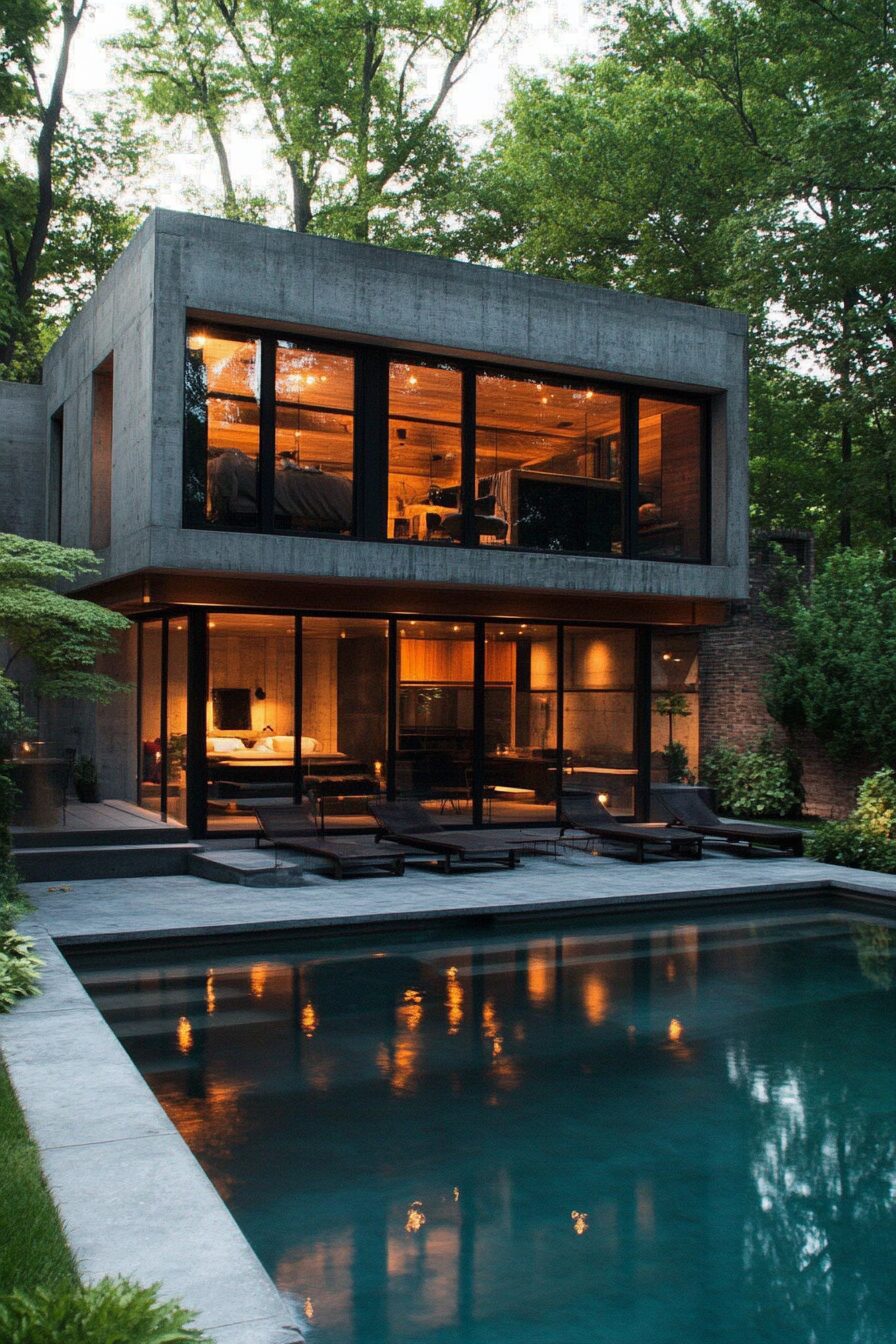 Luxury pool house. Concrete structure, separated changing cabana, panoramic glass windows facing the pool.