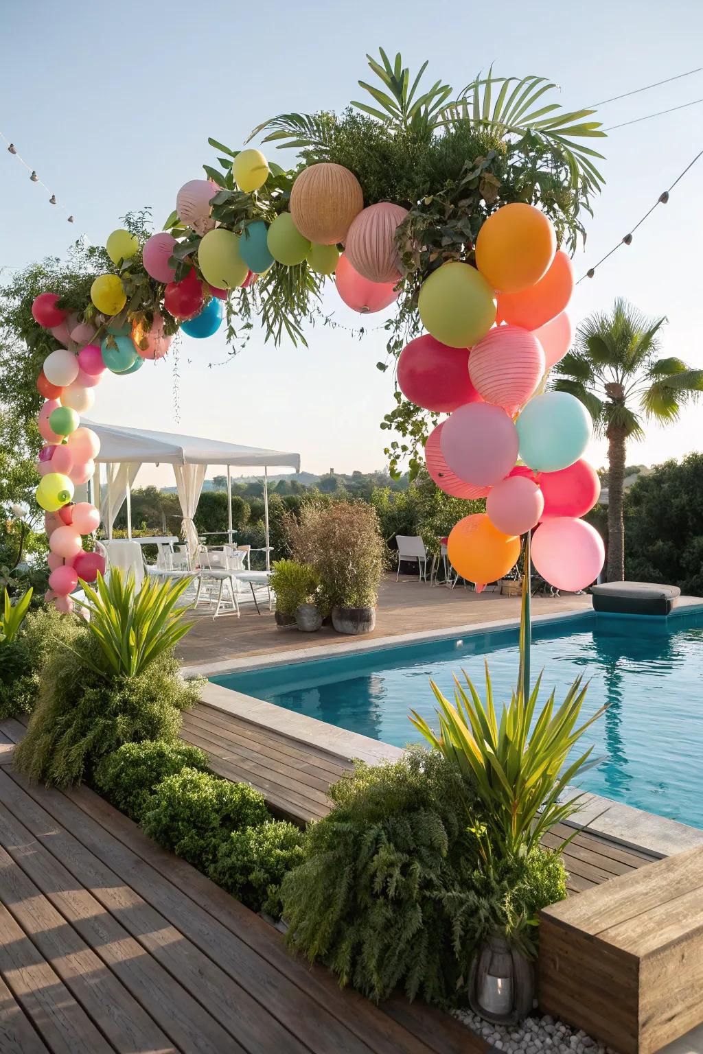 Bright balloons bring cheerful energy to the poolside setting.