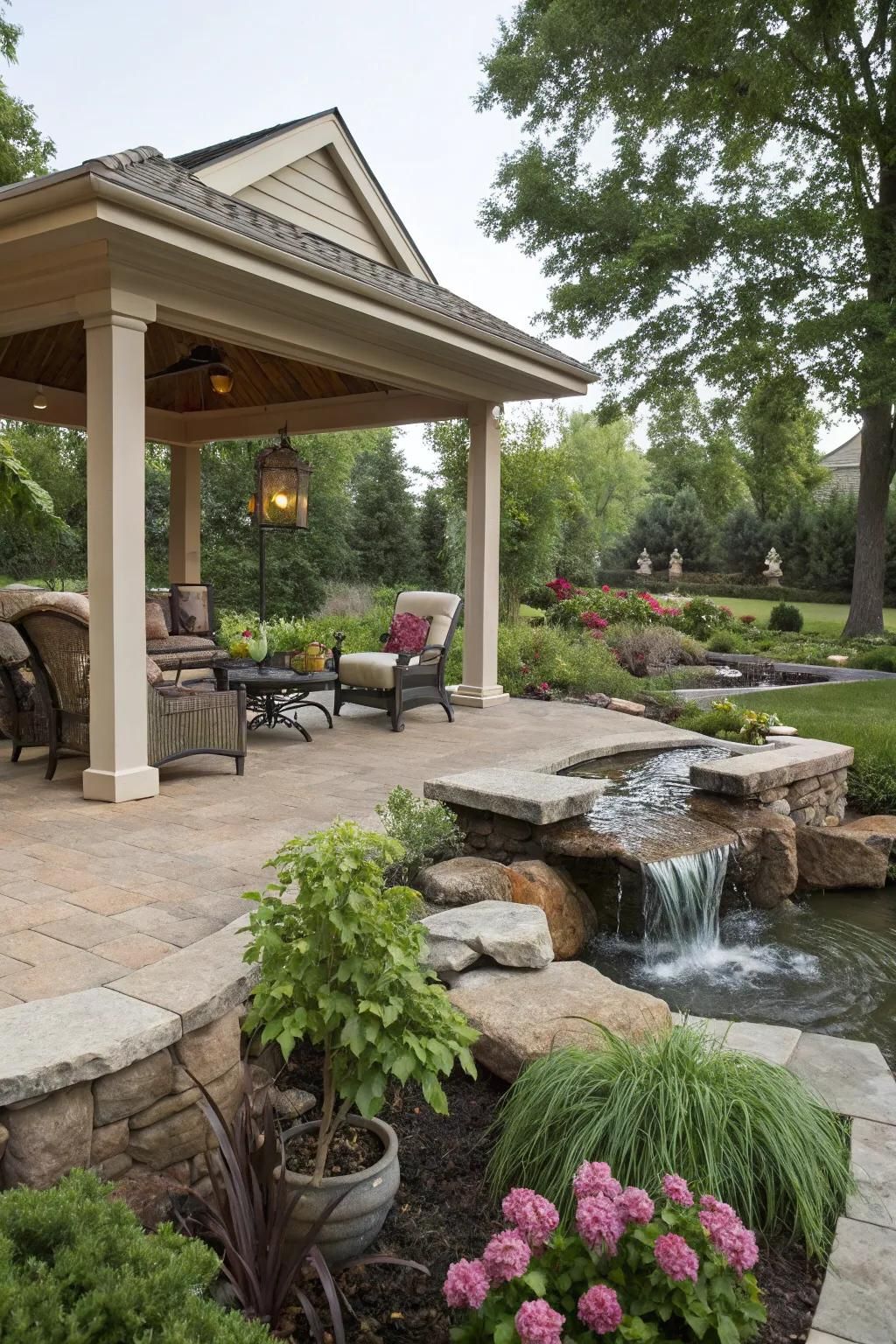 A water feature adds tranquility to this patio setting.