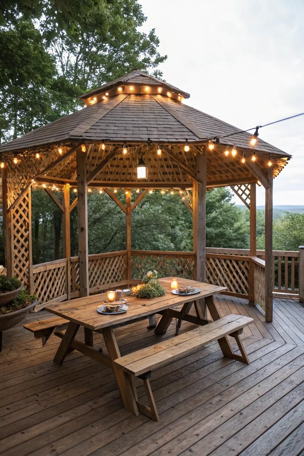 Enjoy outdoor dining with a rustic picnic gazebo on your deck.