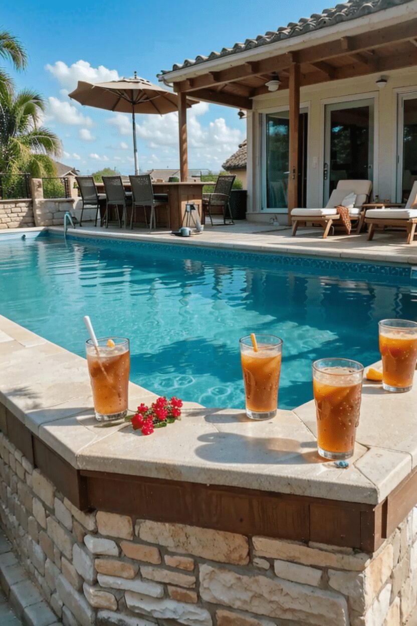 above ground pool with shade next to it, and bar closet to the pool