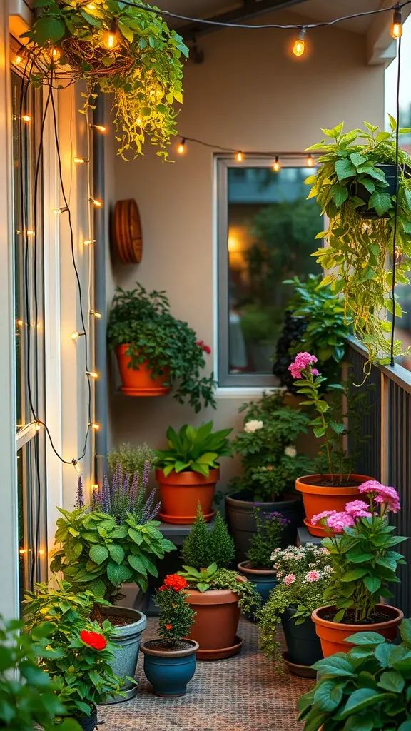 A cozy balcony garden with potted plants and string lights creating a warm evening atmosphere.