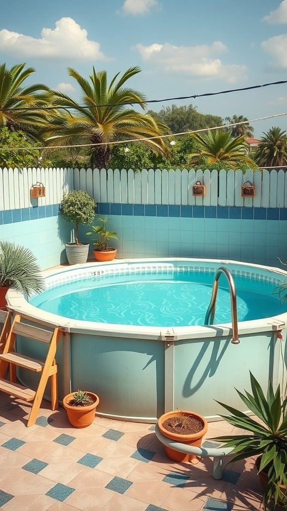 A vintage retro above ground pool surrounded by potted plants and a blue fence