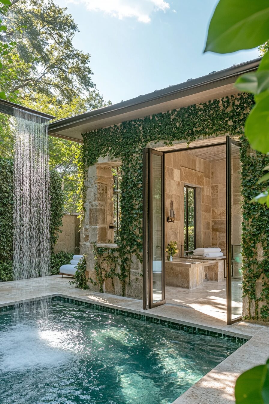 Pool house. Stone exterior, lush greenery, glass shower with white tiles, waterfall pool view.