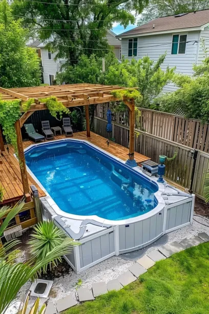Aerial View of Above-Ground Pool with Privacy Fence and Ivy-Covered Pergola