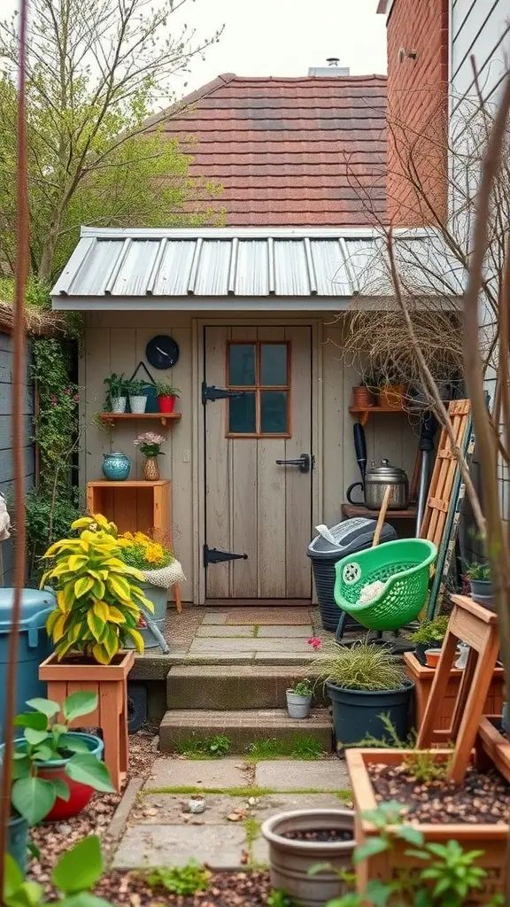 Cozy garden shed with decorative shelves and potted plants.