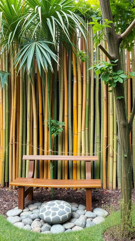 A bamboo privacy fence with a wooden bench and decorative stones in a backyard.