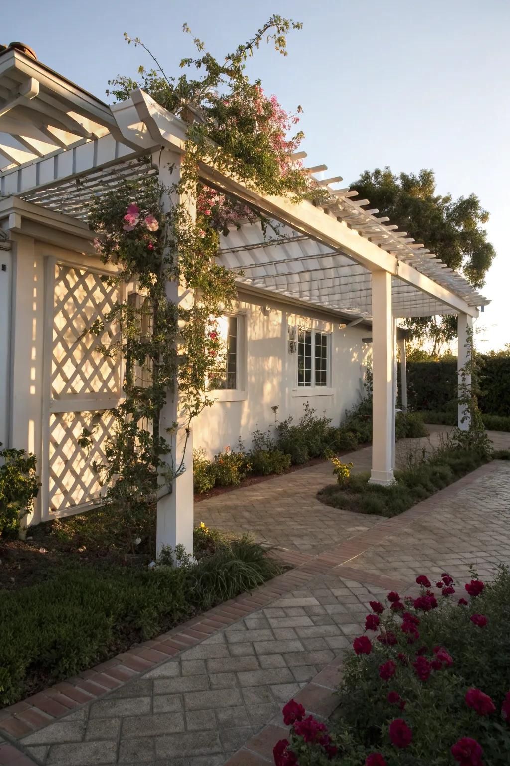 A two-tier pergola that adds depth and complexity to the outdoor space.