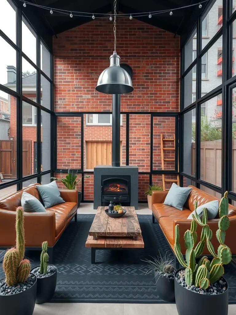 Stylish screened porch featuring exposed brick walls, leather sofas, and plants