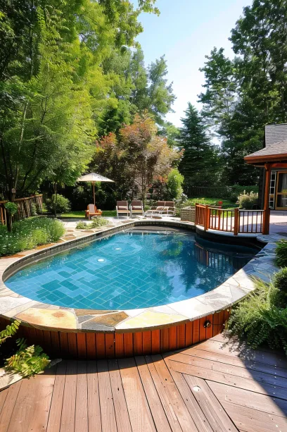 Wide Shot of Backyard with Rustic Stone Surround Above-Ground Pool-