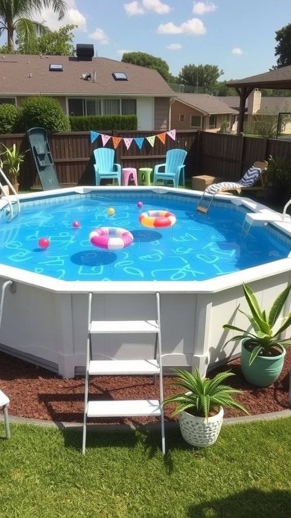 Colorful themed pool party setup with balloons, floats, and decorations around an above ground pool.