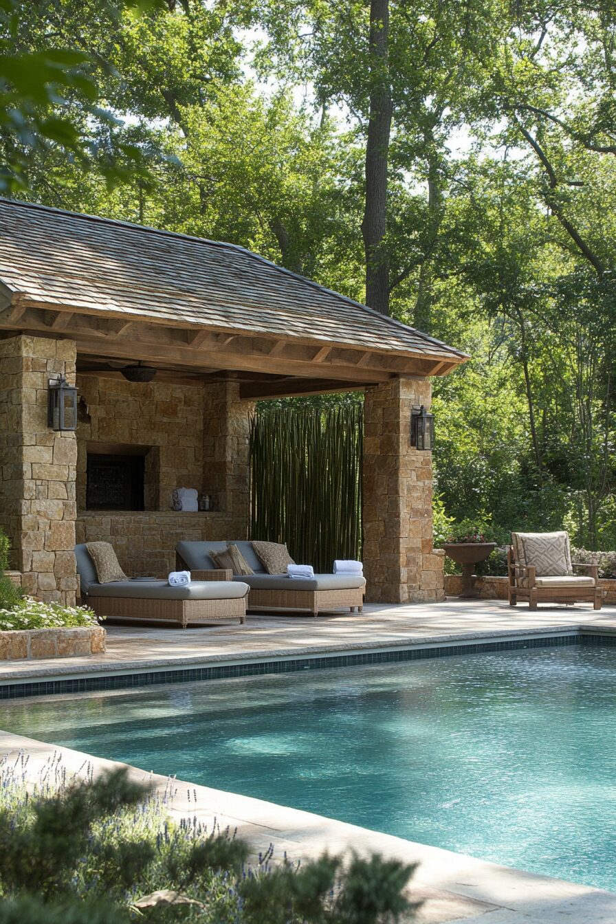 Pool house design. Stone walls, indoor cedarwood shower, a bamboo cabana, and poolside lounge chairs.