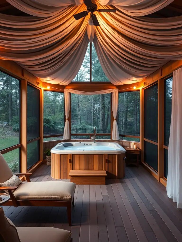 Cozy enclosed screened-in porch featuring a hot tub, soft lighting, and comfortable seating.
