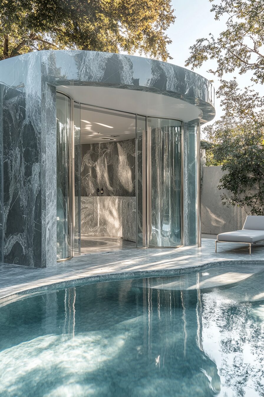 Pool house. Wall-to-wall glass facade, corner-placed indoor-outdoor shower, curve-shaped changing cabana, grey marble lounging area facing pool.