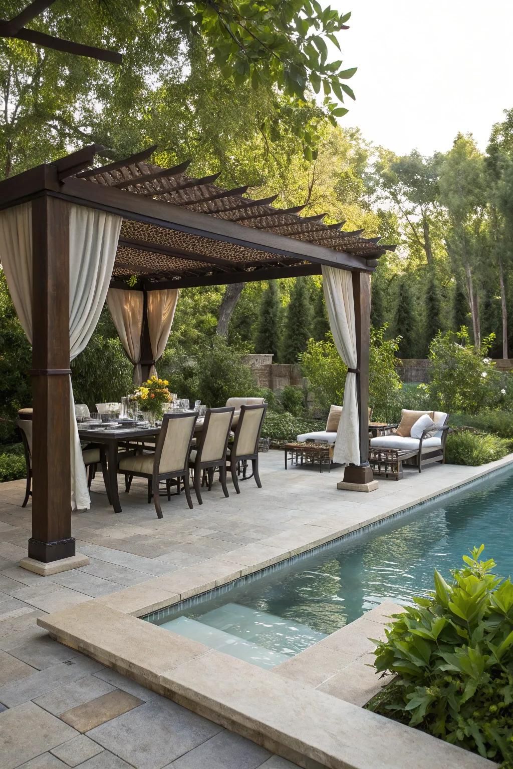 Relax and entertain in your outdoor living room by the pool.