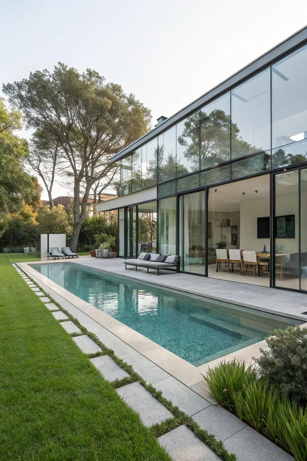 Glass walls bring a modern elegance to pool design.