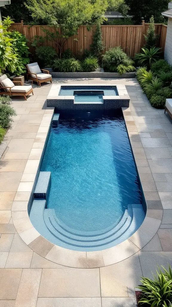 A small backyard pool with a plunge pool and spa combo, surrounded by lush greenery and lounge chairs.