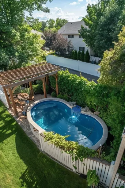 Panoramic Backyard with Above-Ground Pool, Wooden Privacy Fence, and Pergola with Roses and Ivy