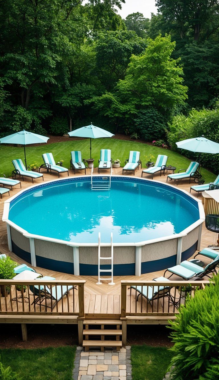 A backyard with a 20-foot above ground pool surrounded by lounge chairs, umbrellas, and lush greenery. A wooden deck leads to the pool with steps and a ladder for entry