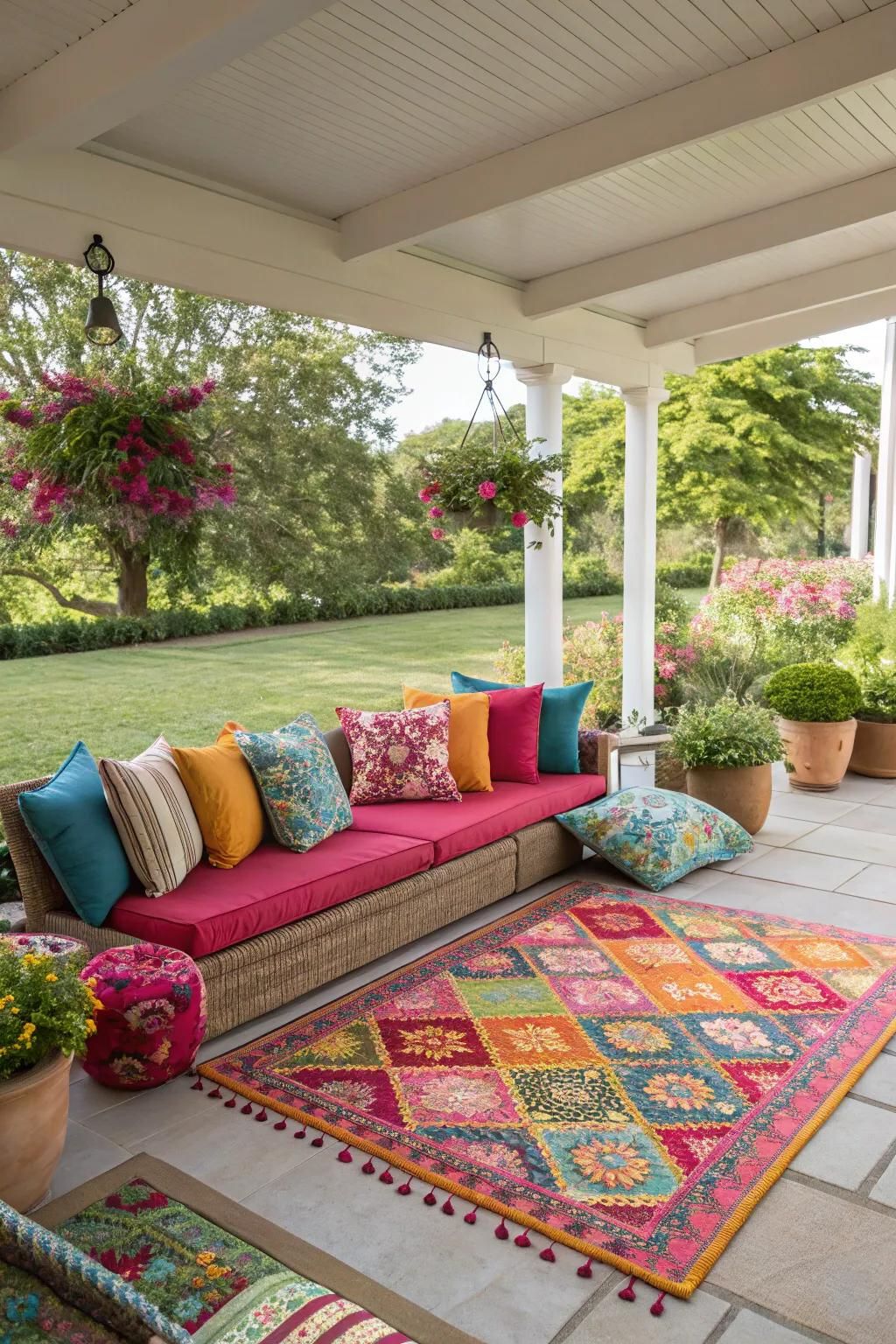 A colorful rug adds personality to the patio.