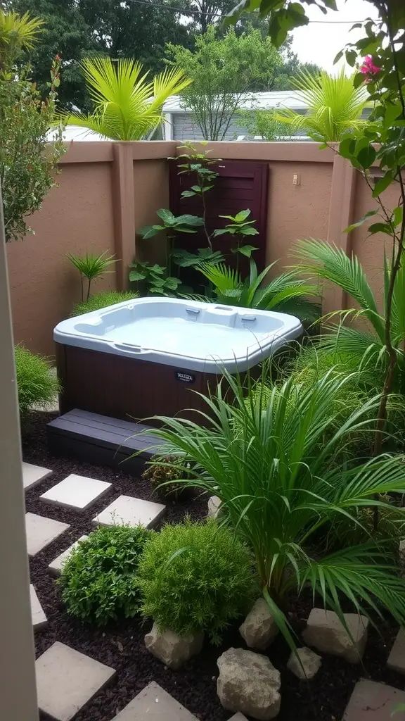 A cozy hot tub surrounded by plants and stones in a small garden.