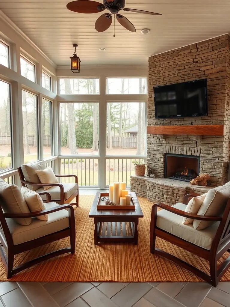 A cozy screened-in porch with a built-in stone fireplace, comfortable seating, and large windows.
