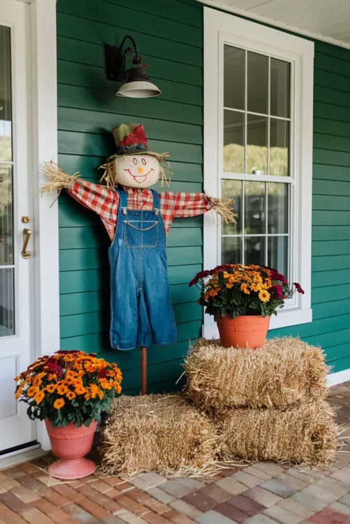 Playful fall porch with scarecrow and hay bales