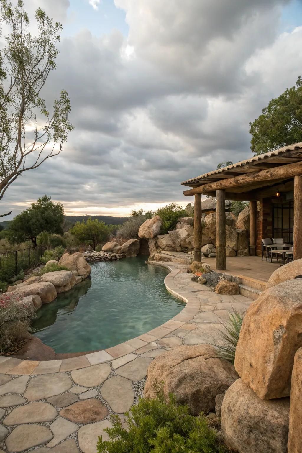Natural stone elements add rustic elegance to your pool garden.