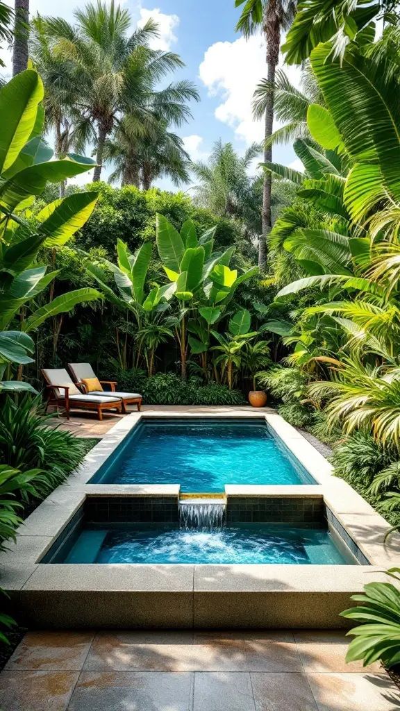 A small plunge pool surrounded by tropical plants and a comfortable seating area.