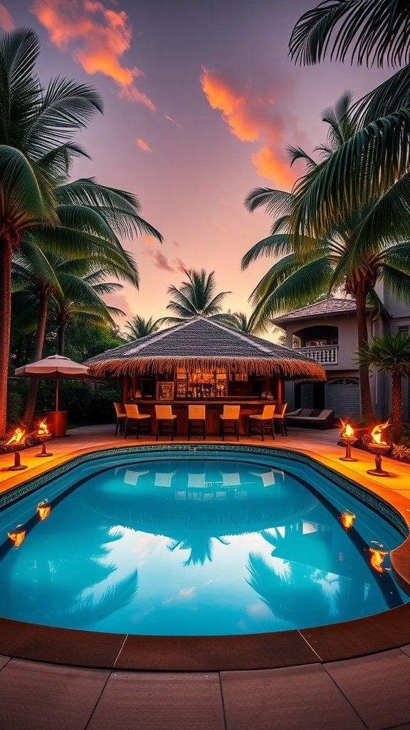 A beautiful above ground pool surrounded by palm trees and a tiki bar at sunset.
