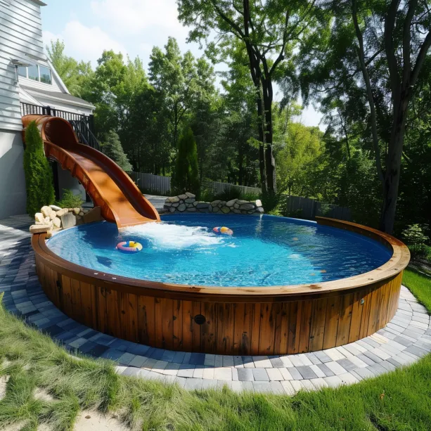 above ground pool with mini slide slip fun attached to a house