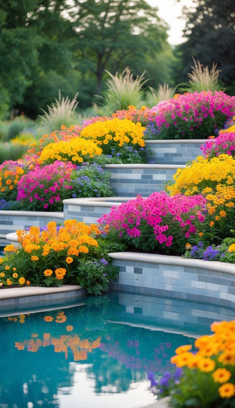 Vibrant flowers cascade in layered beds around a serene pool, creating a colorful and dynamic landscape design