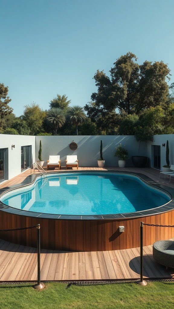 A modern above ground pool surrounded by a wooden deck and minimalist landscaping.