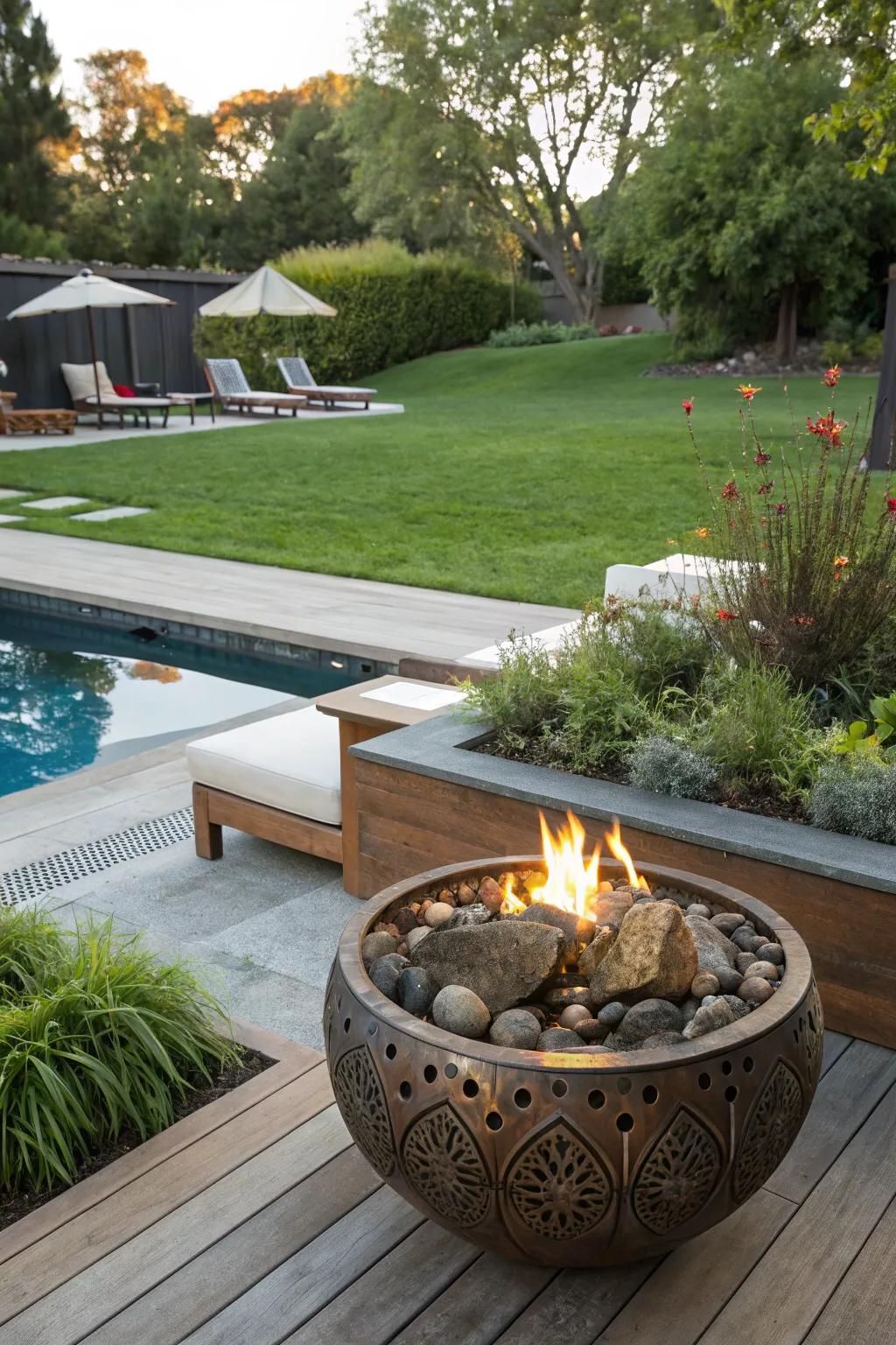 Custom fire bowl designs serve as unique backyard centerpieces.